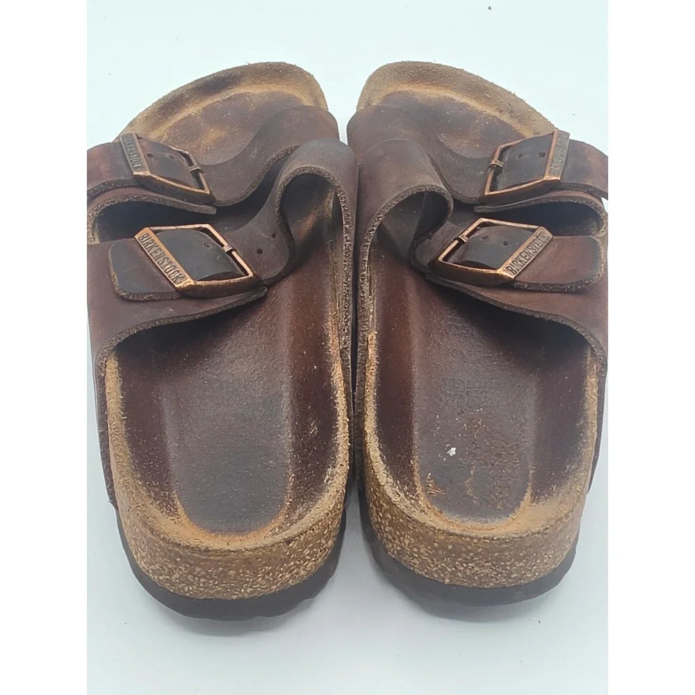 Birkenstock Arizona Dark Brown Oiled Leather Two Strap Buckle Sandals Slide